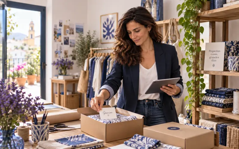 Propietaria de un comercio pequeño organizando tareas en su espacio de trabajo