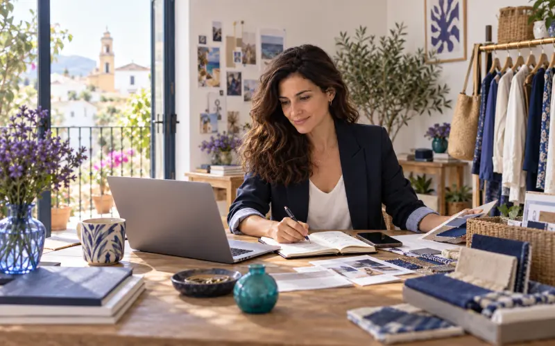 Pequeña empresaria revisando una tarea digital paso a paso
